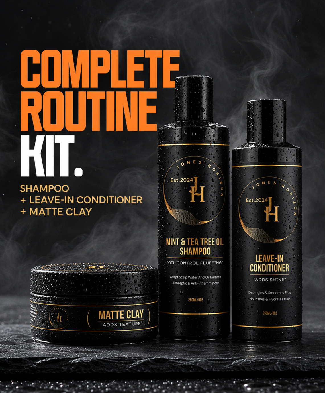 Complete Routine Kit: Jones Horizon mint and tea tree shampoo, leave-in conditioner and matte clay